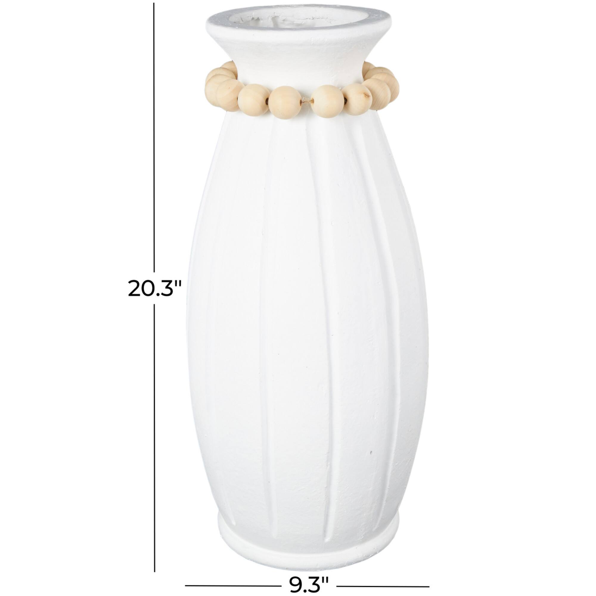 20" White Magnesium Oxide Decorative Vase with Light Brown Beads & Carved Grooves